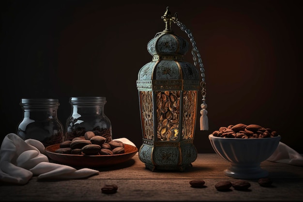 Closup of a lantern with a glowing candle inside, Islamic nuances of Ramadan Kareem