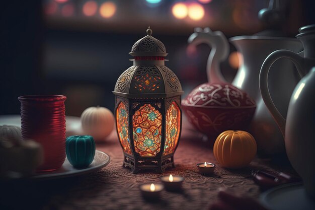 Closup of a lantern with a glowing candle inside, Islamic nuances of Ramadan Kareem