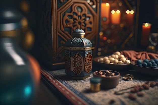 Closup of a lantern with a glowing candle inside, Islamic nuances of Ramadan Kareem