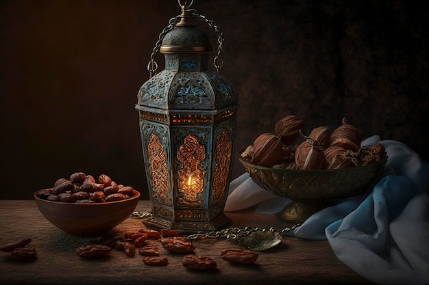 Closup of a lantern with a glowing candle inside, Islamic nuances of Ramadan Kareem