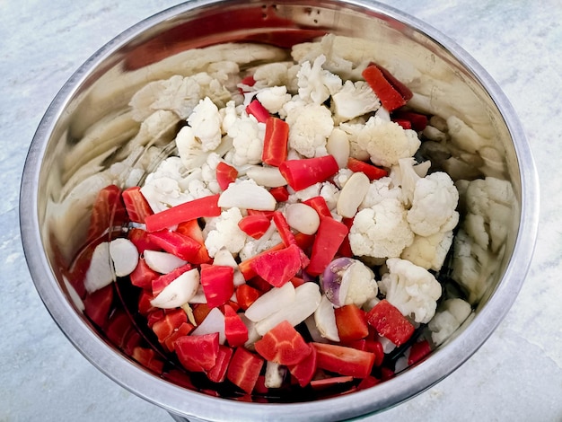 Closup view of chopped mix vegetables for pickles