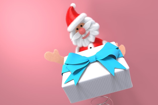 Cloth Santa Claus with spring holds a gift box in his hand, 3D illustration