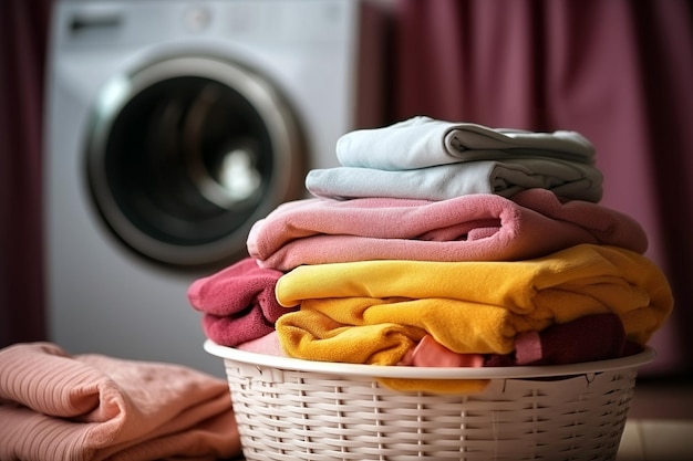 Clothes in a basket on the background of the washing machine