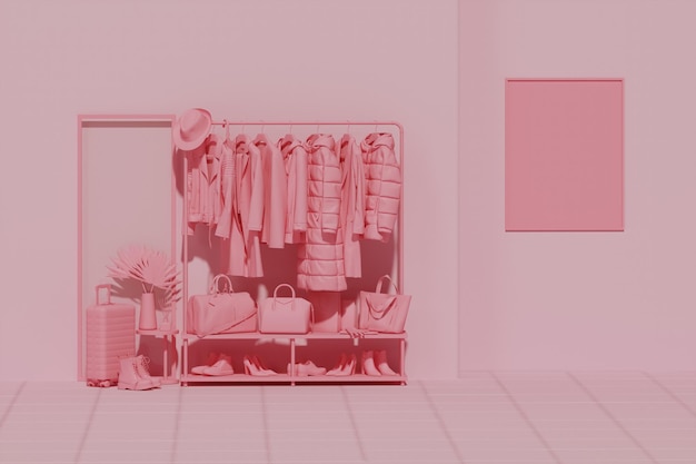 Clothes hanging on a rack, luggage bag, chair on pink and purple background. Creative composition.