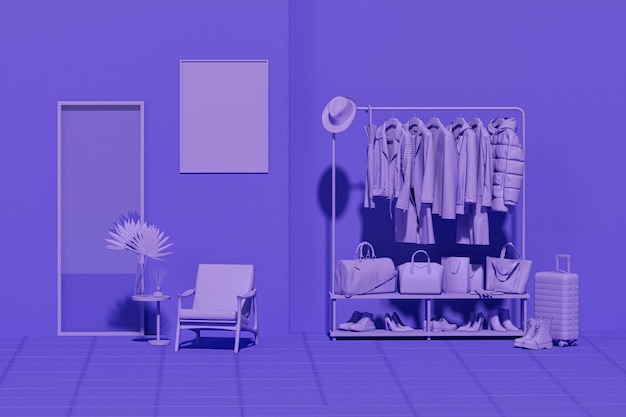 Clothes hanging on a rack, luggage bag, chair on pink and purple background. Creative composition.