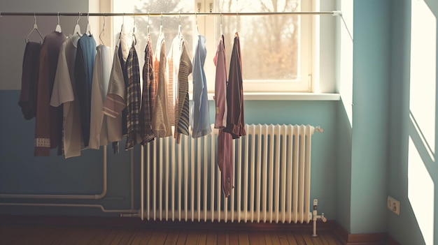 Photo clothes hanging on a radiator with a radiator in the background