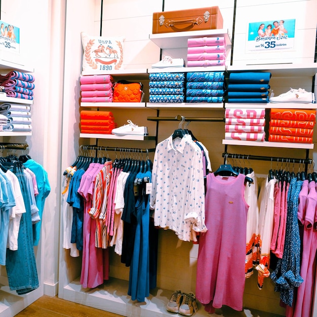 clothes hanging on the shelf in the store