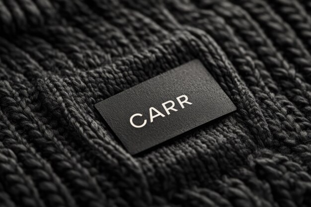 Photo clothes label says care on black knitted background closeup