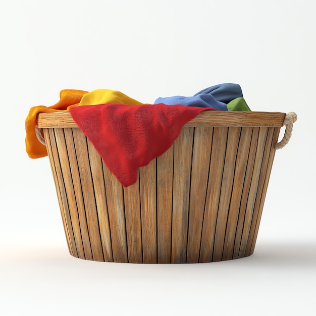 Clothes in a laundry wooden basket realistic isolated on a white background