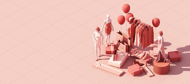 Photo clothes mannequins a hanger surrounding by bag balloon and giftbox shopping cart woman trend geometric shape on the tile floor in pink and red color cartoon concept 3d rendering isometric wide screen