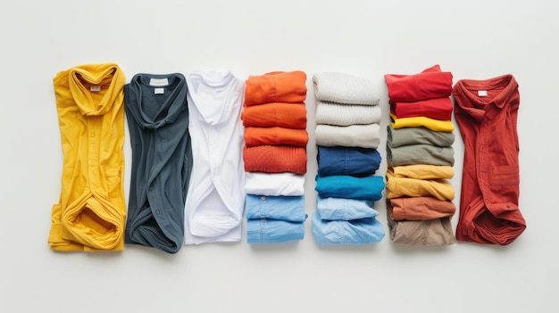 Clothes perfectly folded and organized by color on white background