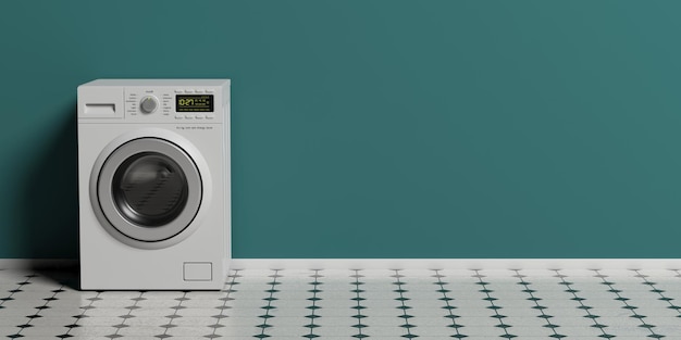 Clothes washer dryer machine on tiled floor green wall background copy space 3d illustration