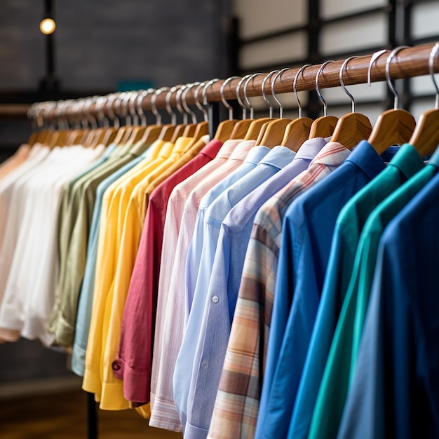 clothes with colorful that are being hung in the shop