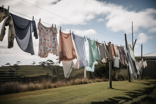 Clothesline on a windy day with clothes flying in the air created with generative ai