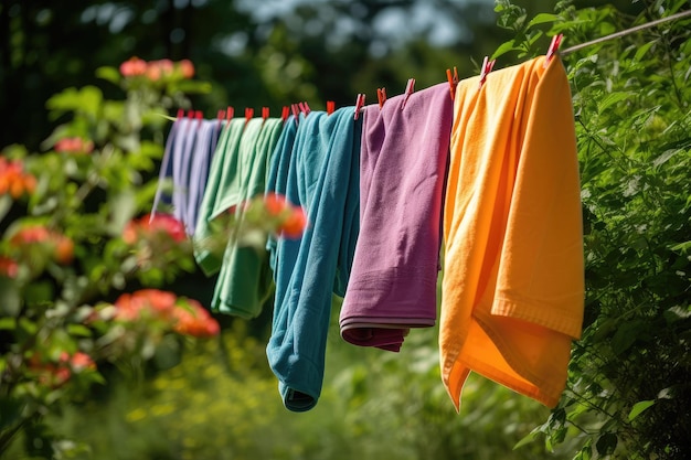 Clothesline with colorful towels hanging among greenery created with generative ai