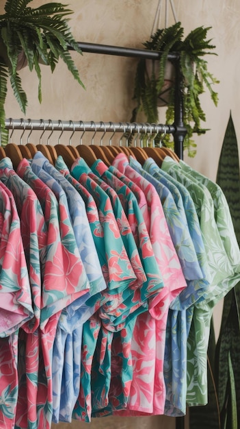 Clothing rack with floral hawian shirts on hangers