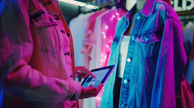 Photo clothing store female visual merchandising specialist uses tablet computer to create generative ai