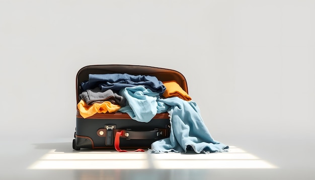 cloths in a luggage on a floor isolated with white highlights