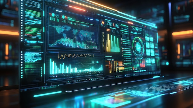 Cloud analytic tools A vibrant holographic display showcasing a cloud network analytic report