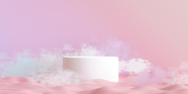 Cloud around white podium on sand for product presentation 3d illustration