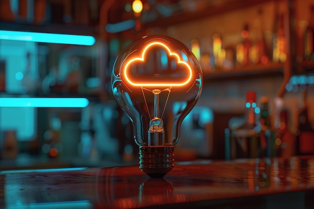 Cloud Computing Concept Illuminated Light Bulb with Neon Cloud Symbol in a Bar Setting