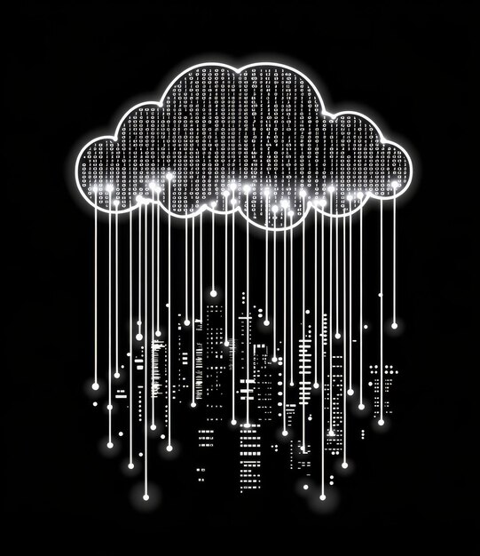 Photo cloud computing concept with binary code rain representing data storage