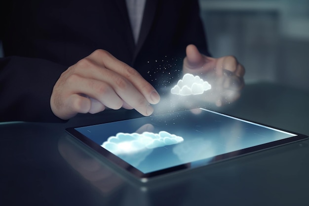 Cloud computing concept with businessman's hand and tablet Generative AI