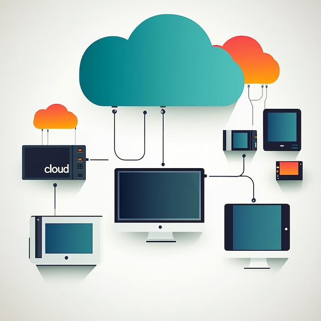 Photo cloud computing concept with devices connected to a cloud server