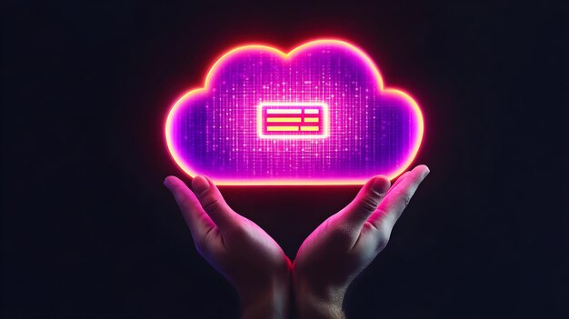 Photo cloud computing concept with neon glow and hands