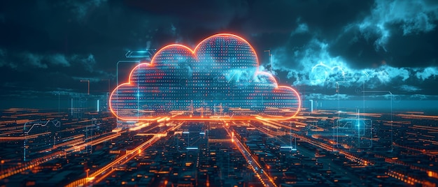 Photo cloud computing demonstrates its influence on remote work with a secure cloud network connecting a virtual office setup