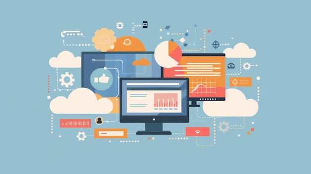 Cloud Computing and Digital Technology Illustration A digital illustration of cloud computing and technology showcasing the interconnectedness of data and information flow in a modern network