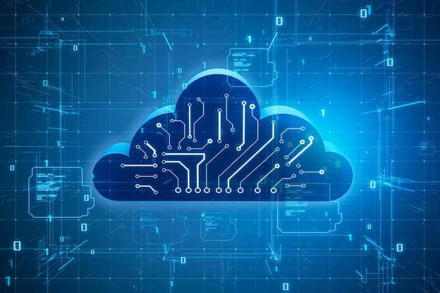 Cloud computing information data exchange and storage concept with front view on digital cloud symbol with circuit scheme on abstract dark blue matrix technological background 3D rendering