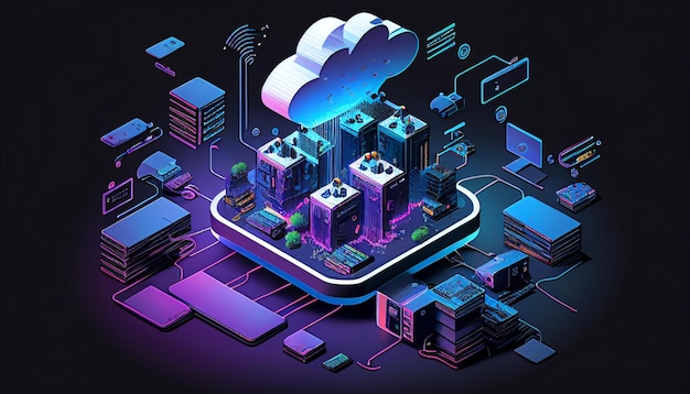 Cloud computing an isometric representation of a modern data center with a PC laptop tablet and smartphone connected to a network Generative AI