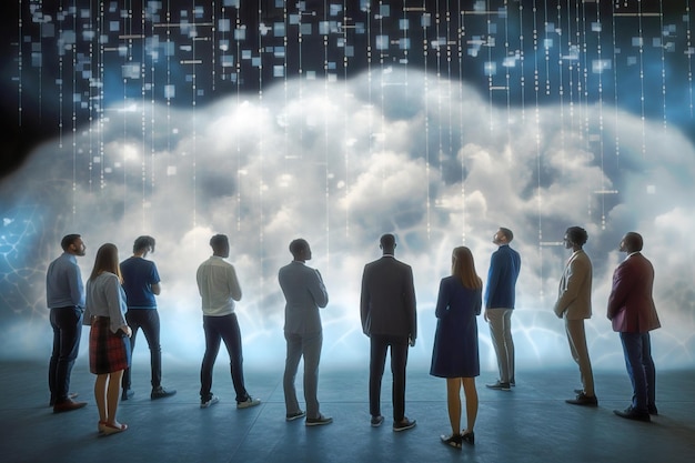 Photo cloud computing metaphor a group of people standing by a data c