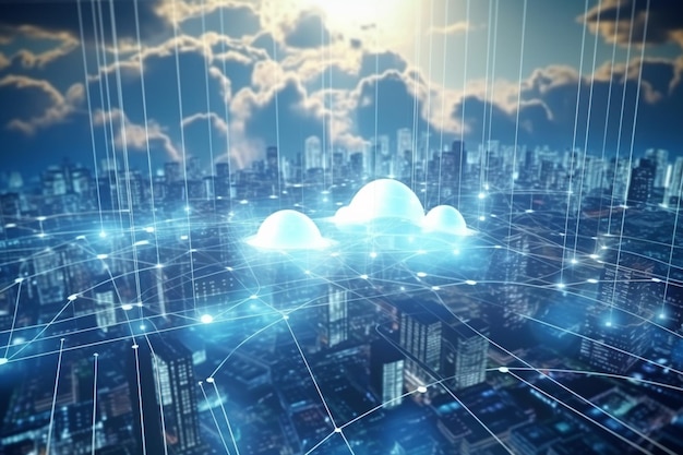 A cloud computing network is shown above a cityscape.