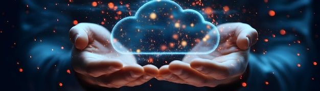 Photo cloud computing technology abstract illustration hands holding glowing cloud