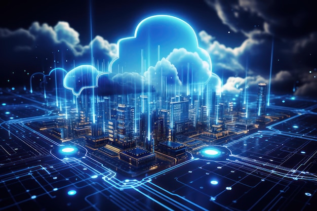 Cloud computing technology concept Smart city and digital cloud data centerFuturistic big data processing cloud Generative AI