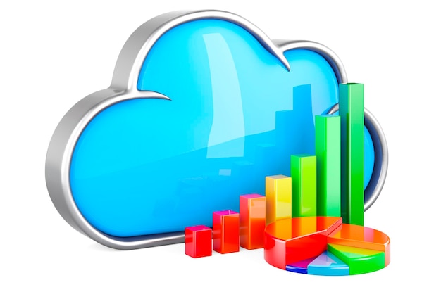 Cloud computing with growth bar graph and pie chart 3D rendering isolated on white background