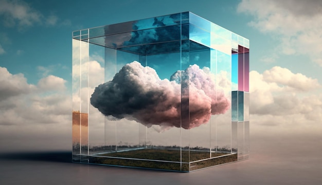 A cloud in a cube with a blue sky in the background