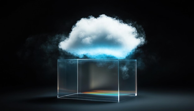 Photo cloud emerging from a transparent box in a dark setting with soft illumination