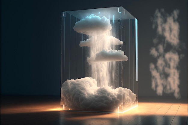 Cloud floating in a glass box on a wooden floor