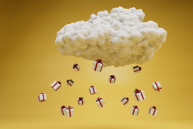 A cloud from which gifts fall on a yellow background 3D render