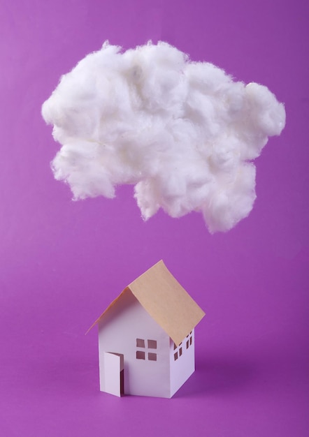 Cloud and house model on purple background Concept art Minimalism