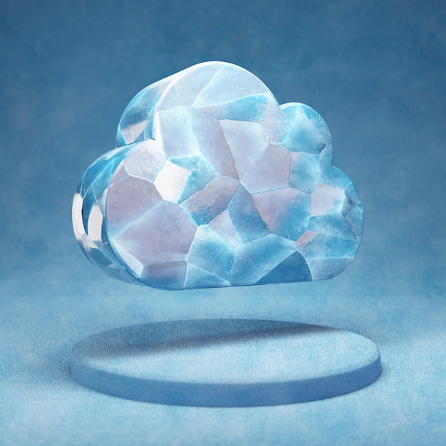 Cloud icon. Cracked blue Ice Cloud symbol on blue snow podium. Social Media Icon for website, presentation, design template element. 3D render.