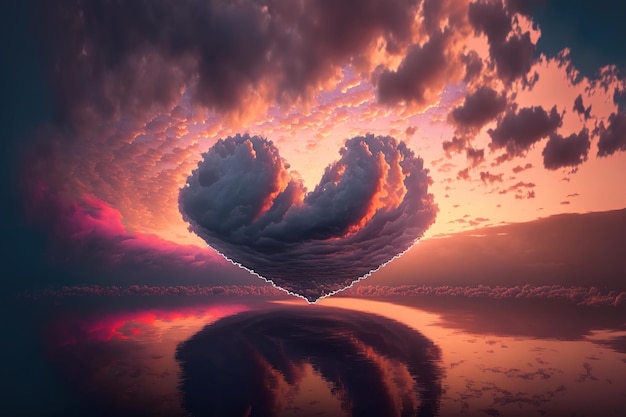 Cloud of love Air clouds in the form of a heart on a neon sunset AI