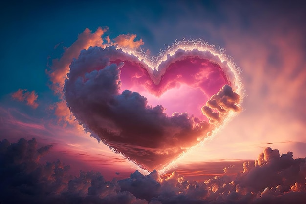 Cloud of love Air clouds in the form of a heart on a neon sunset AI