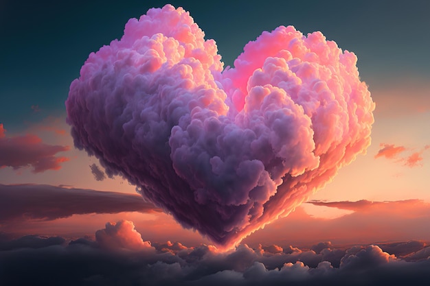 Cloud of love Air clouds in the form of a heart on a neon sunset AI