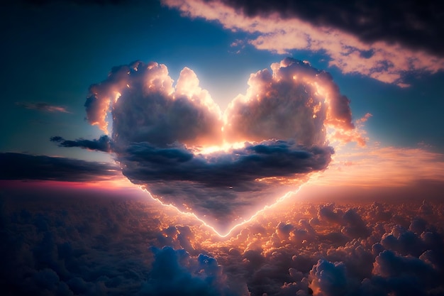 Cloud of love Air clouds in the form of a heart on a neon sunset AI