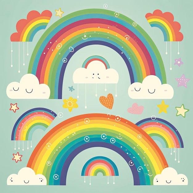 Cloud and rainbow design Cute rainbows with happy faces Rainbow and cloud cartoons on white backgrounds Clouds and rainbows illustration with happy faces Rainbow illustration set AI generated