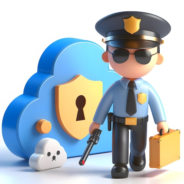 Cloud Security Officer concept as Patrolling Virtual Storage with white background and isolated cute